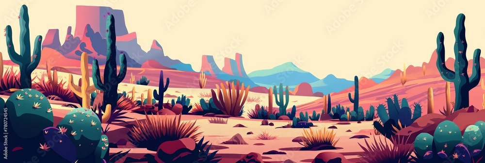 A sweeping landscape featuring diverse cacti and desert flora under a pastel sunset sky, ideal for backdrop and environment concepts.