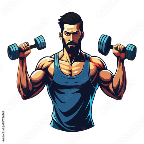 Fitness body builder doing exercise with dumbbell, Sports man workout sleek vector illustration isolated in white background