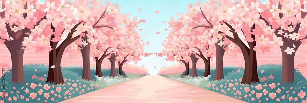 An enchanting pathway lined with blooming cherry blossoms at dawn, depicting renewal and the beauty of spring. - obrazy, fototapety, plakaty 