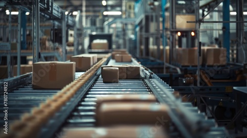 Cardboard boxes on conveyor belt in a warehouse center ready to distribution. E-commerce, delivery and logistic concept.