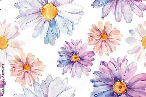 Watercolors of daisy flowers, seamless pattern tile.