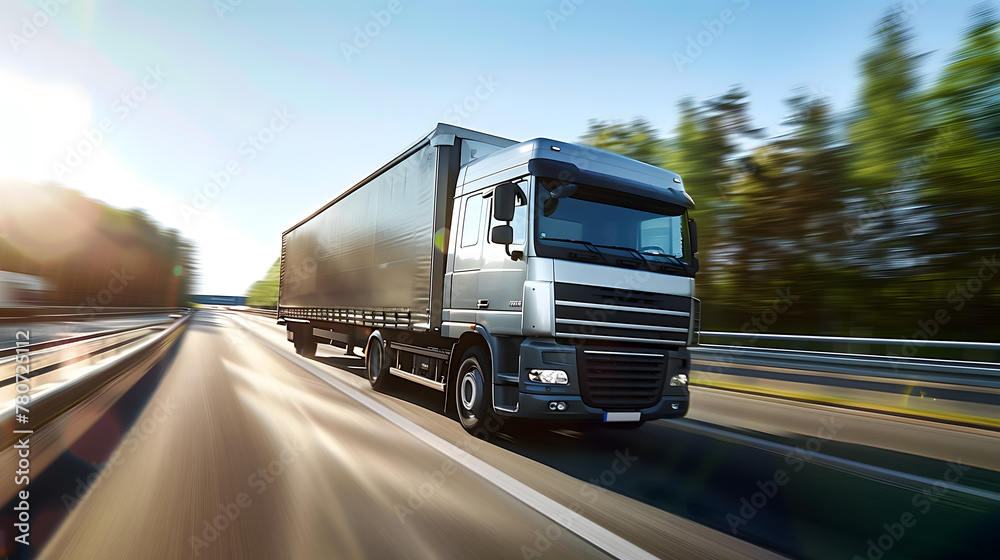 a dynamic rig shot photograph of a transporter moving swiftly along a bustling highway, capturing the essence of speed and motion