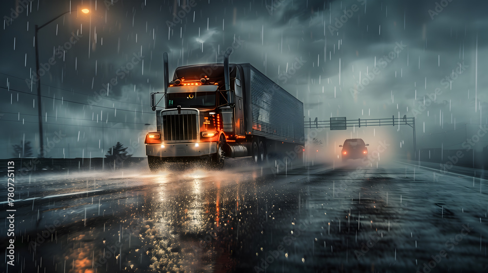 a dynamic rig shot photograph of a transporter moving swiftly along a bustling highway, capturing the essence of speed and motion