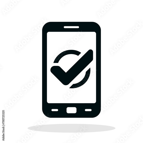 Phone with check mark icon. Black smartphone icon with check mark. Vector illustration