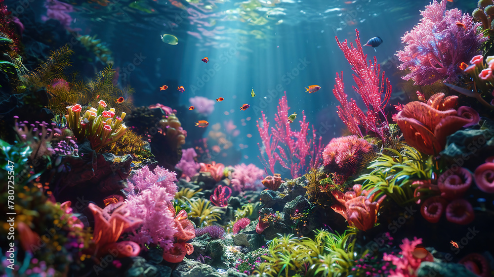 Render a tranquil underwater paradise teeming with plantbased sea creatures