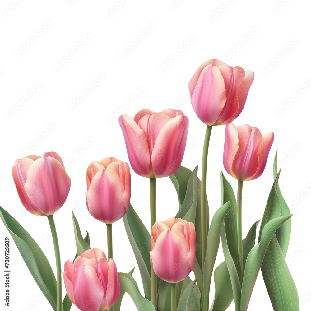 Pink tulips with green leaves, a beautiful contrast against a transparent background Pink tulips with green leaves, a beautiful contrast against a transparent background