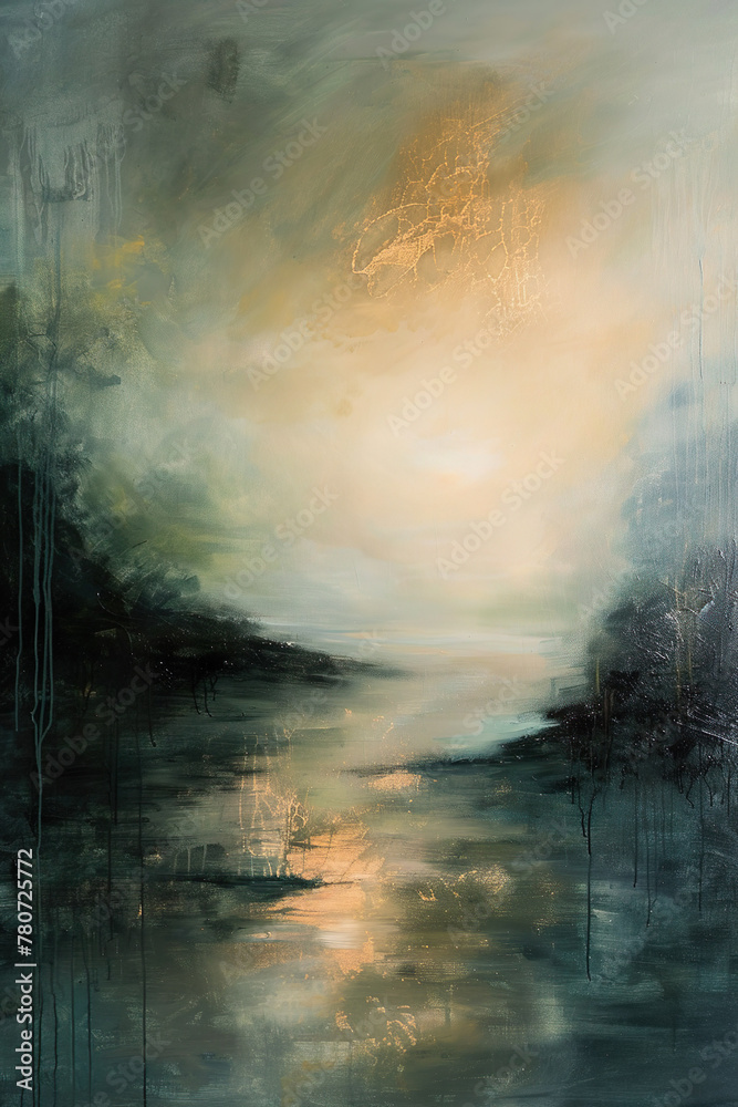 Fototapeta premium abstraktes Gemälde einer skandinavischen Landschaft mit Meer und Strand, dramatische Stimmung mit Wolken, Regen und Gewitter, Hintergrund für Krimi oder Thriller
