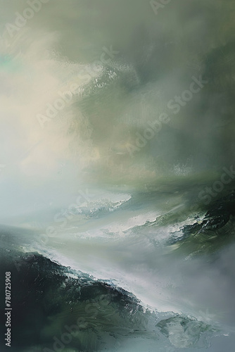 abstraktes Gemälde einer skandinavischen Landschaft mit Meer und Strand, dramatische Stimmung mit Wolken, Regen und Gewitter, Hintergrund für Krimi oder Thriller