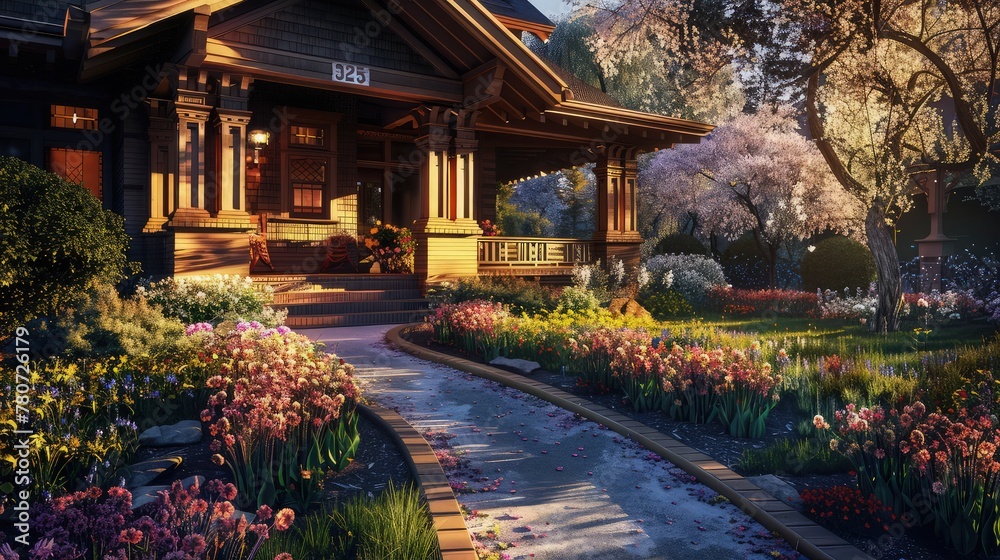 Fototapeta premium A craftsman style bungalow home features a stone pathway winding through a flower garden under the warm glow of sunset for residential real estate marketing.