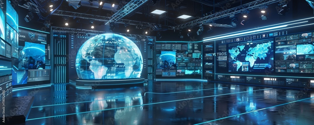 A holographic news studio, with anchors presenting global events on immersive 3D sets, enhancing viewer engagement