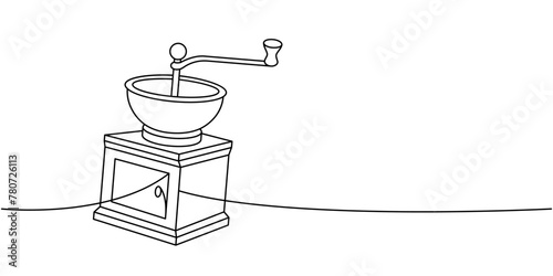 Coffee grinder one line continuous drawing. Hand drawn elements for cafe menu, coffee shop. Vector linear illustration.