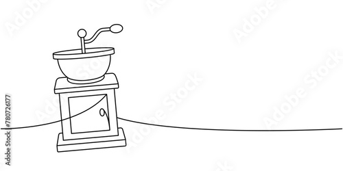 Coffee grinder one line continuous drawing. Hand drawn elements for cafe menu, coffee shop. Vector linear illustration.