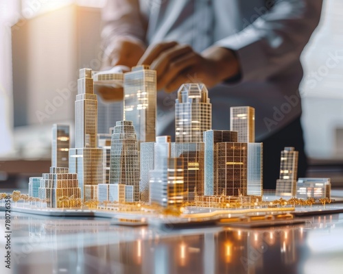 Architect with 3D models overlaying a skyline of innovative buildings