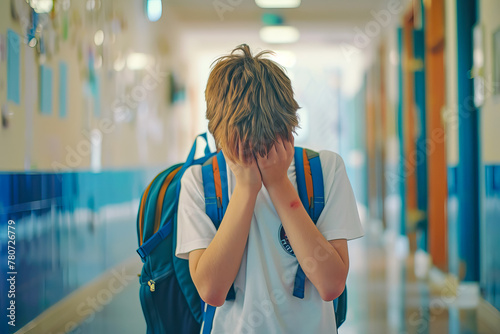 An upset boy sadly stands alone in the school corridor. Learning difficulties, bullying at school.