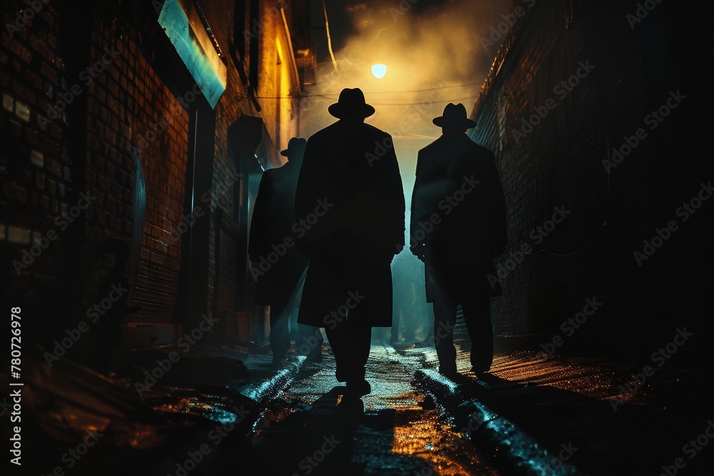 Shadowy figures of mafia members around a back alley meeting spot, under the cover of night, exuding an aura of secrecy and conspiracy