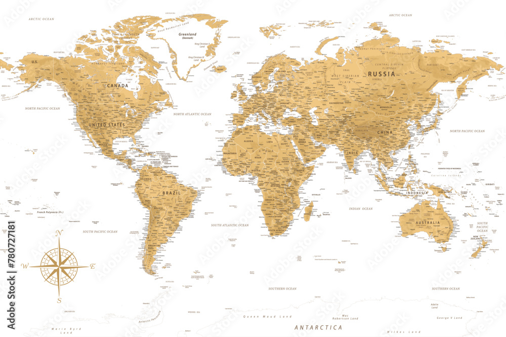 World Map - Highly Detailed Vector Map of the World. Ideally for the Print Posters. Beige Pastel Vintage Colors. Retro Style