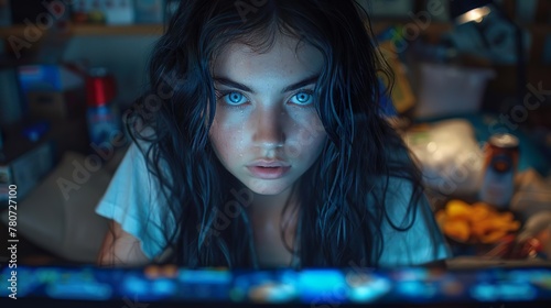 A girl intently focuses on screen