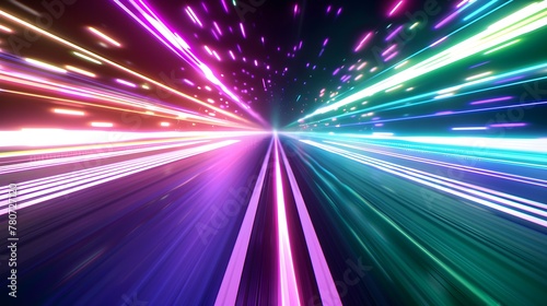 Purple and green tunnel with light streaks. Futuristic technology concept. Abstract background with lines for network.