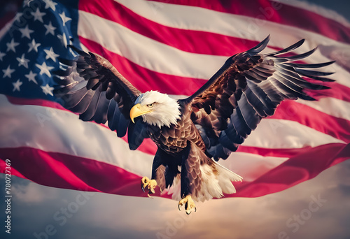 Majestic bald eagle in flight with a backdrop of the American flag waving in the sky, symbolizing freedom and patriotism.