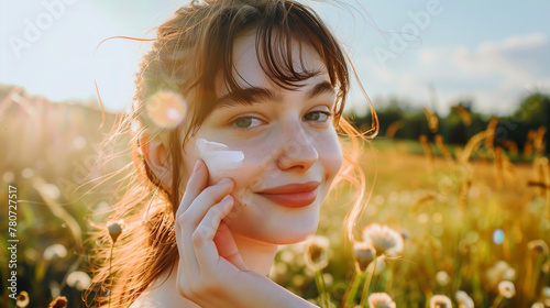 portrait of a woman applying sunscreen outside