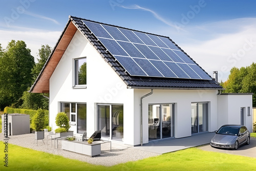 Modern eco-house with solar panels on the roof. Environmentally friendly electrical system.