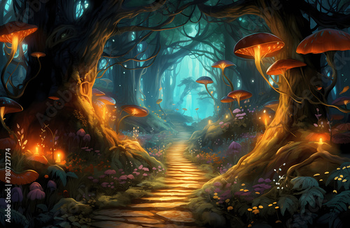 Storybook Background: Magical Forest Path with Glowing Lanterns in a Mystical Night Setting