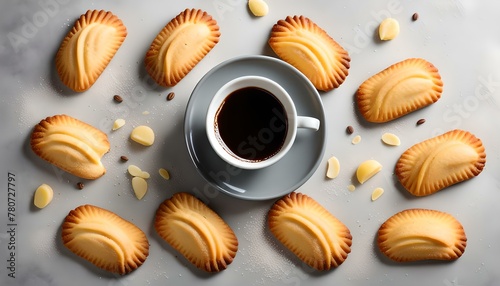 Perfect French madeleine cookies, buttery and delicate, served with cup of coffee. Light gray background. Top view
 photo