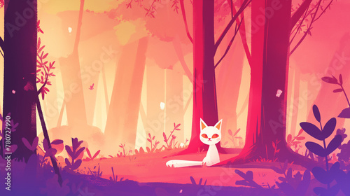 Gato branco na floresta ao por do sol rosa - Ilustração