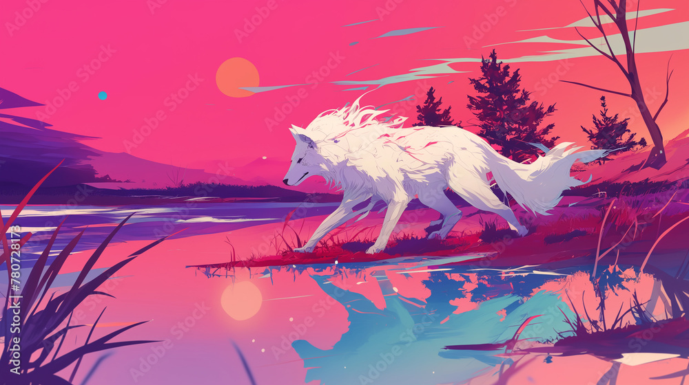 Lobo branco em um lago ao por do sol rosa - Ilustração