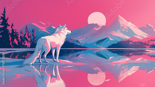 Lobo branco em um lago ao por do sol rosa - Ilustração