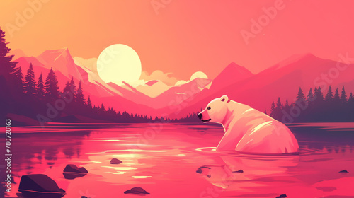 Urso em um lago ao por do sol rosa - Ilustração