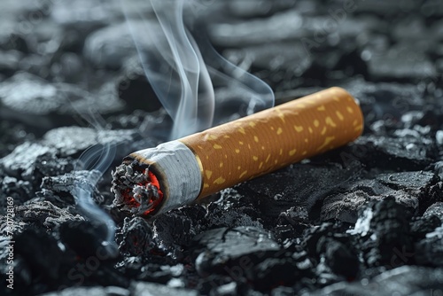 A stark depiction of a cigarette left extinguishing amidst dark ashes, evoking addiction's grip