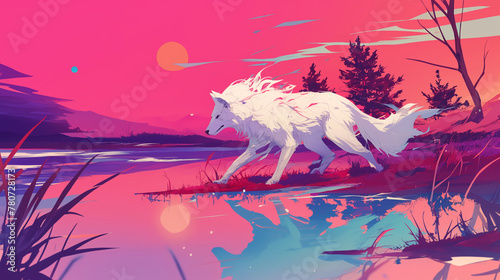 Lobo branco em um lago ao por do sol rosa - Ilustra    o