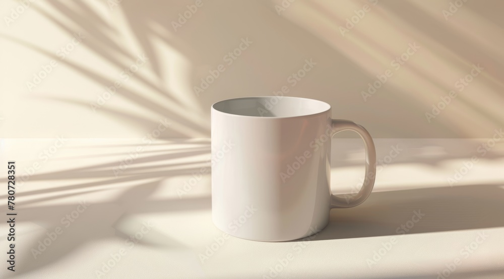 Fototapeta premium White mug mockup on light background with shadows. White mug mockup on wooden table with window and plant in background. Closeup view, copy space for design or print presentation, blank coffee cup 