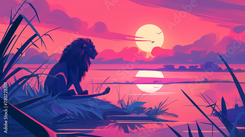 Leão em um lago ao por do sol rosa - Ilustração