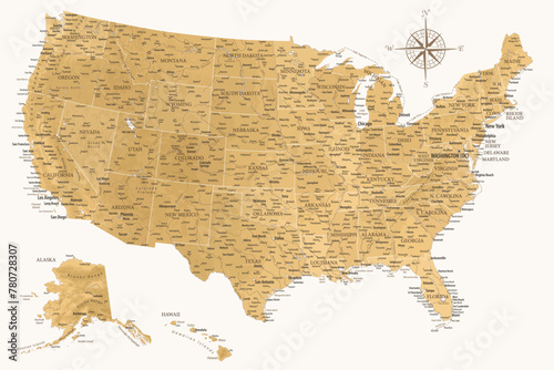 United States - Highly Detailed Vector Map of the USA. Ideally for the Print Posters. Golden Colors Retro Style