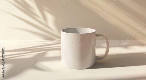 White mug mockup on light background with shadows. White mug mockup on wooden table with window and plant in background. Closeup view, copy space for design or print presentation, blank coffee cup  © Sabina Gahramanova