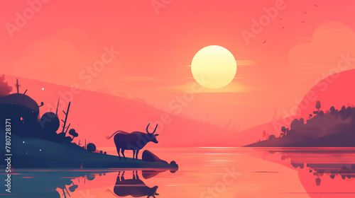 Vaca em um lago ao por do sol rosa - Ilustra    o