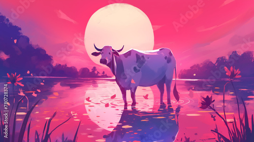 Vaca em um lago ao por do sol rosa - Ilustração © Vitor