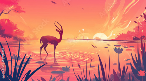 gazela em um lago ao por do sol rosa - Ilustração © Vitor
