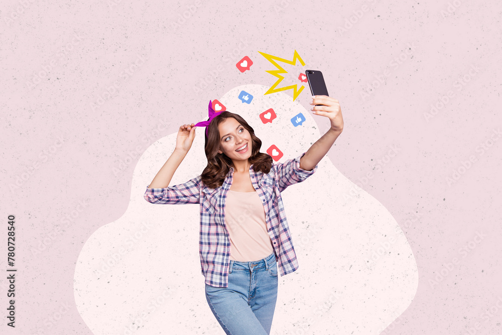 Fototapeta premium Trend artwork sketch photo collage of young pinup lady work make selfie get notification retro vintage like heart reaction thumb feedback
