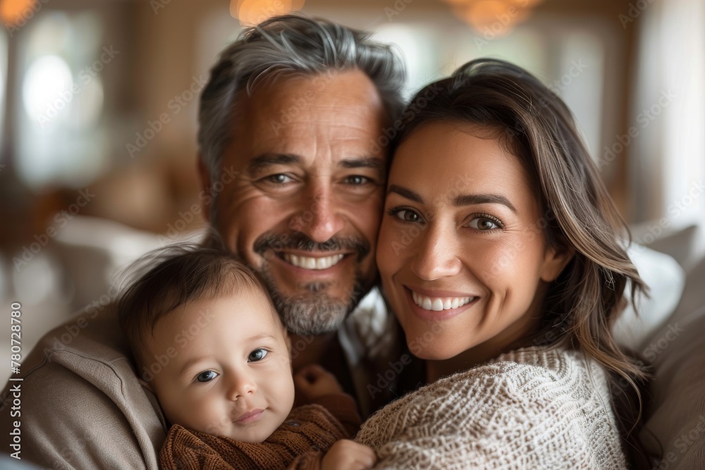 Smiling multi-generational family with a baby enjoying a tender embrace, depicting love and happiness, family bonding