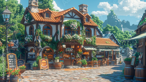 A 3D isometric bakery in an anime fantasy tavern, serving adventurers magical breads and mystical brews