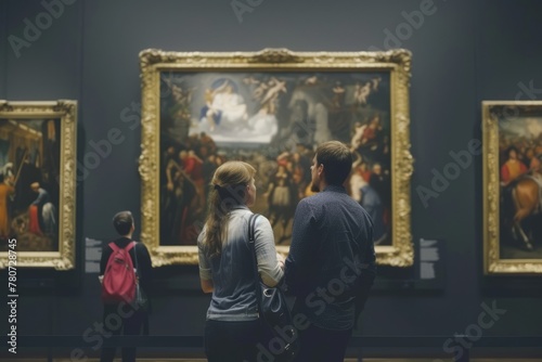 People in an art gallery or museum, outstanding paintings by artists of past centuries photo