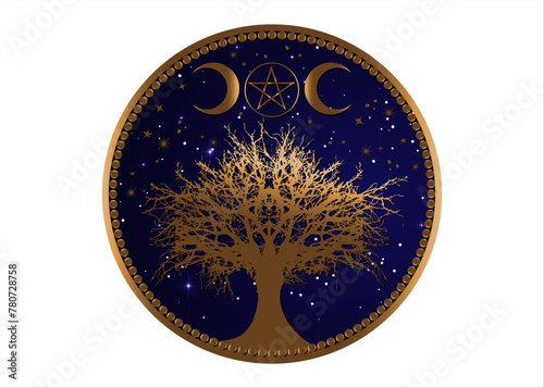 tree of life Wicca sign mandala, Gold Mystical Moon Pentacle, Sacred geometry, Golden Crescent moon, half moon pagan Wiccan triple goddess symbol, vector isolated on blue starry night sky background