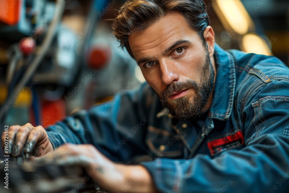 A focused male mechanic in denim works diligently on machinery, his gaze fixed intently on his task in an industrial setting A focused male mechanic in denim works diligently on machinery, his gaze fixed intently on his task in an industrial setting