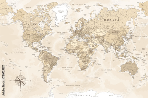 World Map - Highly Detailed Vector Map of the World. Ideally for the Print Posters. Beige Pastel Vintage Colors. Retro Style