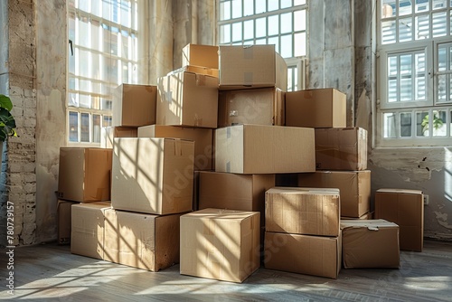 Warm sunlight spills over a haphazard pile of cardboard moving boxes inside a spacious room with tall windows photo