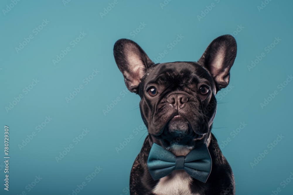 smartly dressed french bulldog in bow tie against plain bright backdrop, close up elegant dog wearing bowtie in studio