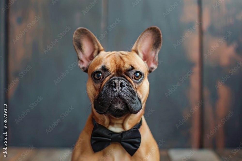 smartly dressed french bulldog in bow tie against plain bright backdrop, close up elegant dog wearing bowtie in studio